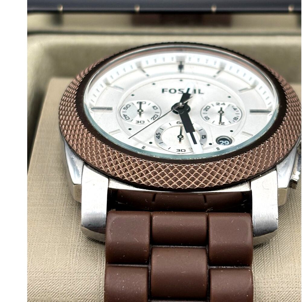 Fossil Machine FS4596 Men’s Chronograph white Dial Brown Silicone Strap Watch - Picture 3 of 17